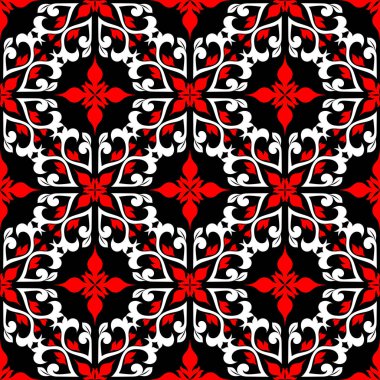 Çiçek seamless modeli. Duvar kağıtları, Tekstil ve kumaş için siyah kırmızı ve beyaz arka plan