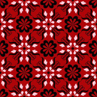 Sorunsuz kırmızı arka plan siyah ve beyaz tasarım öğeleri ile. Desen duvar kağıtları, Tekstil ve kumaş için