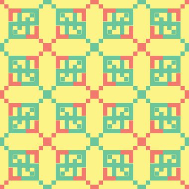 Geometrik şekilli elemanları ile sorunsuz arka plan. Parlak sarı arka plan duvar kağıtları, Tekstil ve kumaş için pembe ve yeşil tasarım ile