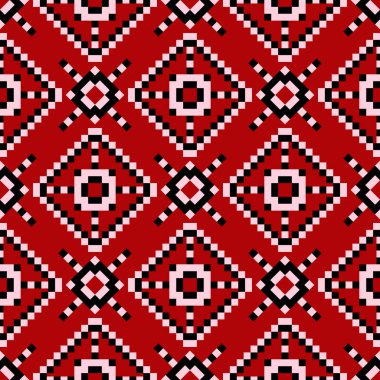 Siyah ve beyaz geometrik seamless modeli. Kırmızı zemin üzerine. Duvar kağıtları ve tekstil tasarım