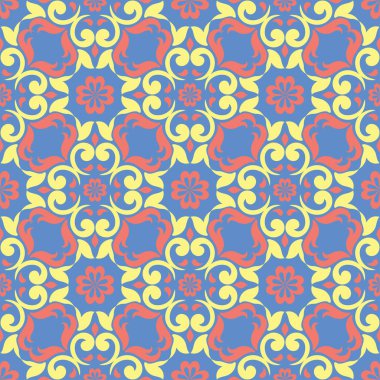 Çiçek seamless modeli. Duvar kağıtları, Tekstil ve kumaş için mavi arka plan üzerinde kırmızı ve sarı çiçek öğeleri