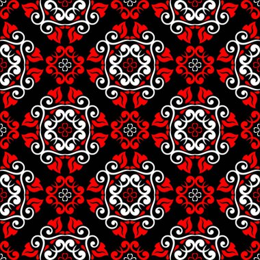 Çiçek elemanları ile Seamless modeli. Siyah kırmızı beyaz bir arka plan duvar kağıtları, Tekstil ve kumaş için