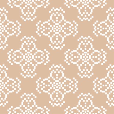 Bej renkli arka plan üzerinde beyaz çiçek süsleme. Tekstil ve duvar kağıtları için seamless modeli