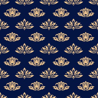 Altın mavi seamless modeli ile çiçek arka plan. Duvar kağıtları ve tekstil tasarım