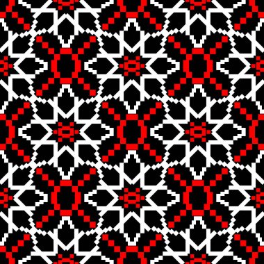 Kırmızı ve beyaz geometrik desenler. Tekstil, kumaş, duvar kağıtları için sorunsuz siyah arka plan