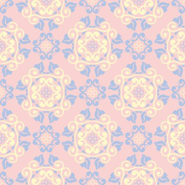 Pembe çiçek seamless modeli ile duvar kağıdı, Tekstil ve kumaş için ışık mavi ve sarı çiçek öğeleri