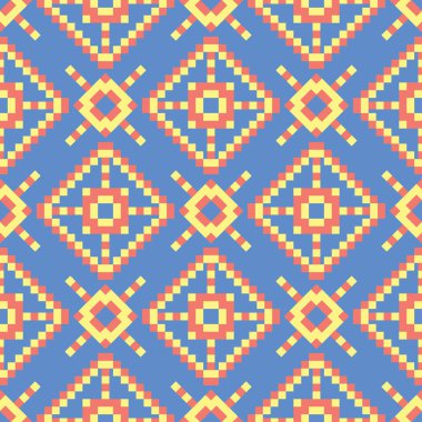 Geometrik seamless modeli. Mavi arka plan duvar kağıtları, Tekstil ve kumaş için kırmızı ve sarı tasarımı ile
