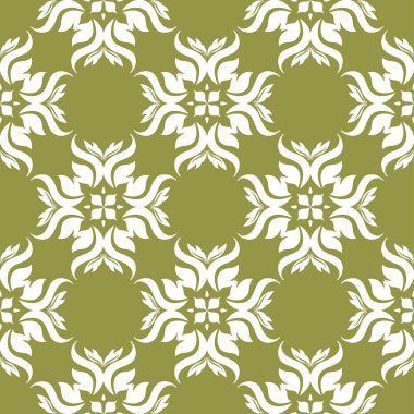 Zeytin yeşil zemin üzerine beyaz çiçek süsleme. Tekstil ve duvar kağıtları için seamless modeli