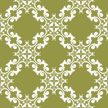 Zeytin yeşil zemin üzerine beyaz çiçek süsleme. Tekstil ve duvar kağıtları için seamless modeli