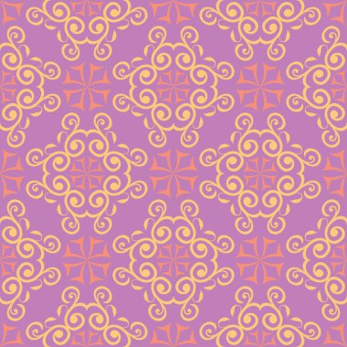 Menekşe çiçek sorunsuz arka plan. Duvar kağıtları, Tekstil ve kumaş için pembe ve sarı parlak desen