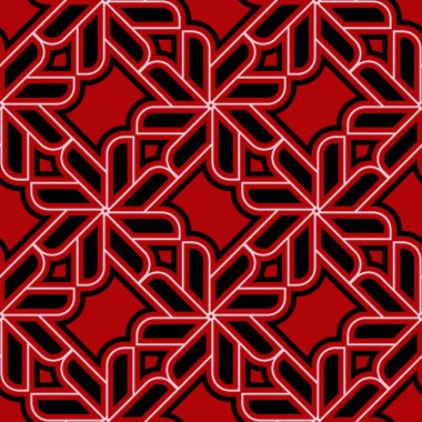 Siyah ve beyaz geometrik seamless modeli. Kırmızı zemin üzerine. Duvar kağıtları ve tekstil tasarım