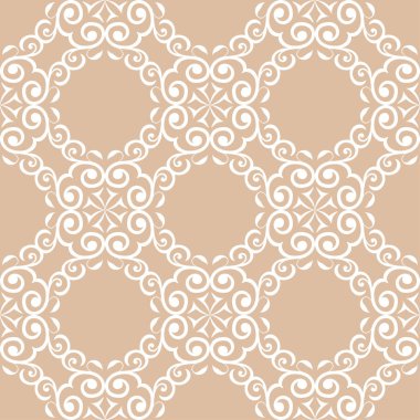 Bej renkli arka plan üzerinde beyaz çiçek süs tasarım. Tekstil ve duvar kağıtları için seamless modeli