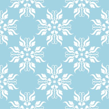 Mavi zemin üzerine beyaz çiçekler. Tekstil ve duvar kağıtları için süs seamless modeli