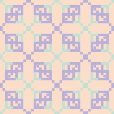 Geometrik tasarım ile Seamless modeli. Soluk pembe bir arka plan üzerinde öğeleri mor ve mavi. Kumaş ve duvar kağıtları için