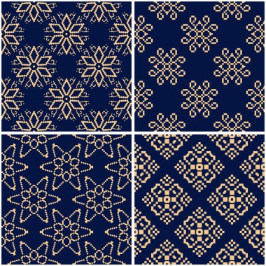 Çiçek desenleri. Altın mavi sorunsuz arka planlar kümesi. Vektör illustraton