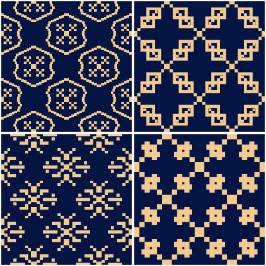 Geometrik desenler. Altın mavi sorunsuz arka planlar kümesi. Vektör çizim