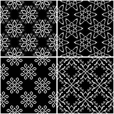 Çiçek desenleri. Siyah beyaz tek renkli kesintisiz arka planlar kümesi. Vektör çizim