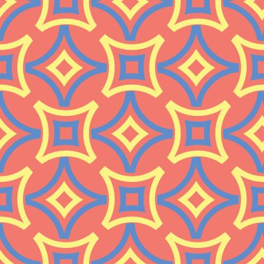 Geometrik parlak çok sorunsuz arka plan renkli. Turuncu arka plan üzerinde öğeleri mavi ve bej. Duvar kağıtları ve kumaşlar için tasarım