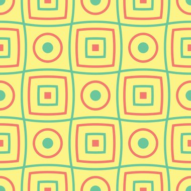 Geometrik seamless modeli. Sarı arka plan duvar kağıtları, Tekstil ve kumaş için pembe ve yeşil tasarım ile