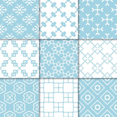 Mavi ve beyaz geometrik süsler. Web, Tekstil ve duvar kağıtları için dikişsiz desen koleksiyonu