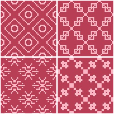 Geometrik desenler. Soluk kırmızı sorunsuz arka planlar kümesi. Vektör çizim