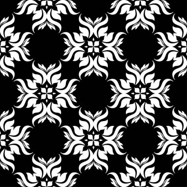 Siyah arka plan üzerine beyaz çiçek süsleme. Tekstil ve duvar kağıtları için seamless modeli