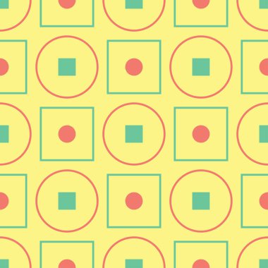 Geometrik seamless modeli. Sarı arka plan duvar kağıtları, Tekstil ve kumaş için pembe ve yeşil tasarım ile