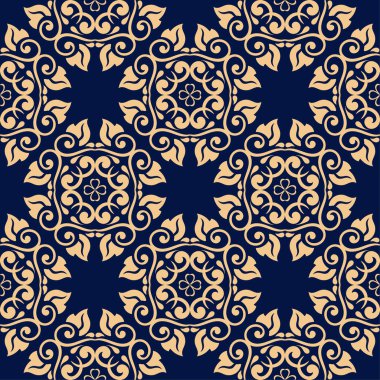 Altın mavi çiçek süsleme. Tekstil ve duvar kağıtları için seamless modeli