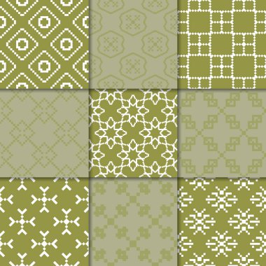 Zeytin yeşili geometrik süsler. Web, Tekstil ve duvar kağıtları için dikişsiz desen koleksiyonu