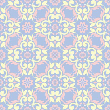 Çiçek seamless modeli. Soluk mavi arka plan duvar kağıtları, Tekstil ve kumaş için bej ve pembe çiçek öğeleri ile