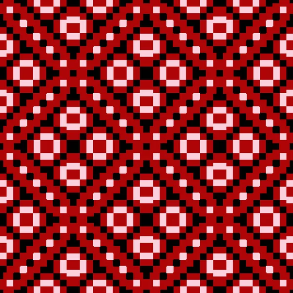 幾何学的なシームレス パターン 赤の背景に黒と白の要素 壁紙やテキスタイルのデザイン — ストックベクタ