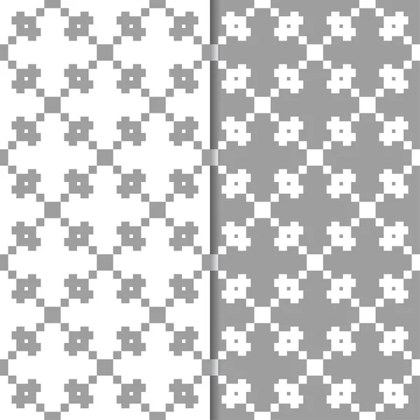 グレーと白の幾何学的な装飾品 Web テキスタイルや壁紙のためのシームレスなパターンのセット — ストックベクタ