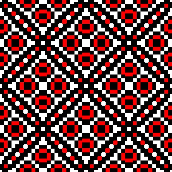幾何学的なシームレス パターン テキスタイル ファブリックの黒の背景に赤と白の要素 — ストックベクタ