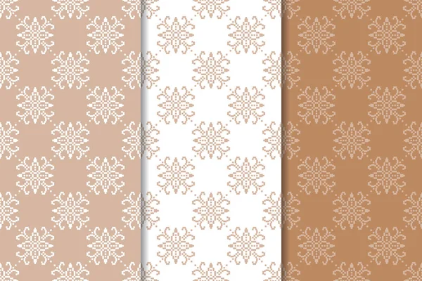 Reihe Von Floralen Ornamenten Nahtlose Muster Braun Beige Und Weiß — Stockvektor