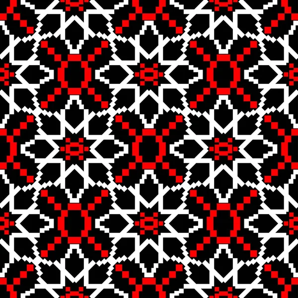 Kırmızı ve beyaz geometrik desenler. Tekstil, kumaş, duvar kağıtları için sorunsuz siyah arka plan
