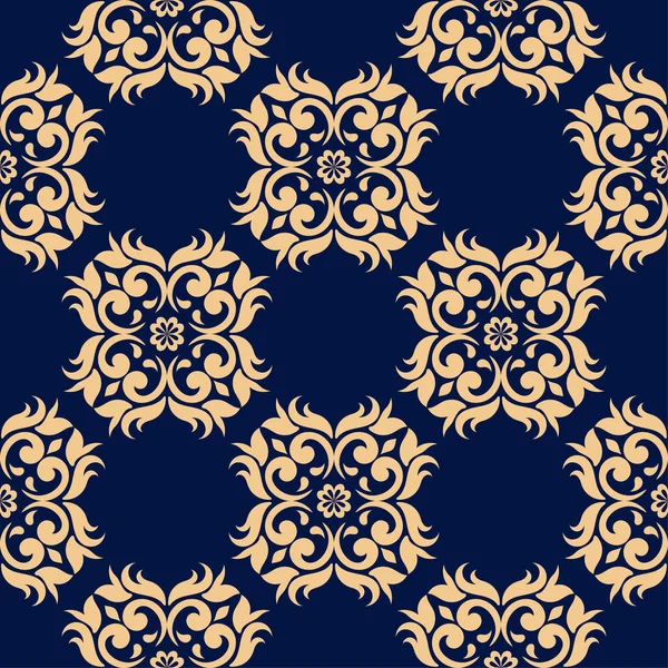Gyllene Blommig Element Mörkblå Bakgrund Seamless Mönster För Textil Och — Stock vektor