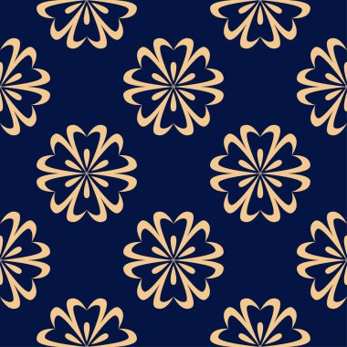 Koyu mavi zemin üzerine altın çiçek süsleme. Tekstil ve duvar kağıtları için seamless modeli