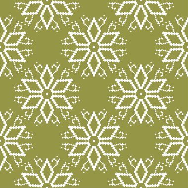 Zeytin yeşil zemin üzerine beyaz çiçek süsleme. Tekstil ve duvar kağıtları için seamless modeli