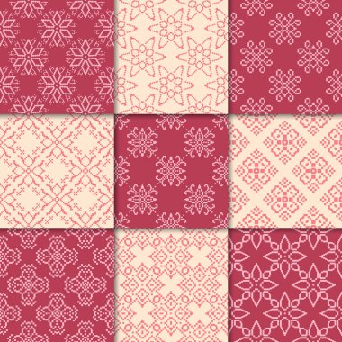 Kiraz kırmızı ve bej çiçekli süsler. Kağıt için dikişsiz desen koleksiyonu Tekstil