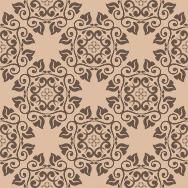 Kahverengi ve bej çiçekli süs. Tekstil ve duvar kağıtları için seamless modeli