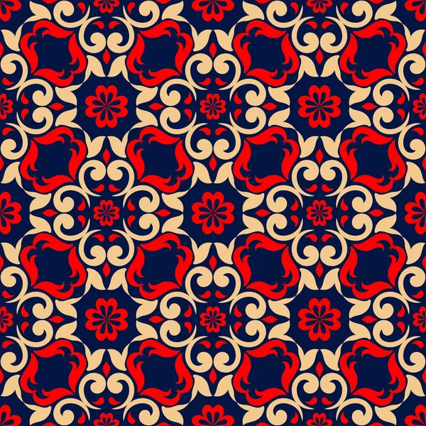 Blå Blommig Sömlös Bakgrund Med Röda Och Beige Mönster Bakgrunden — Stock vektor