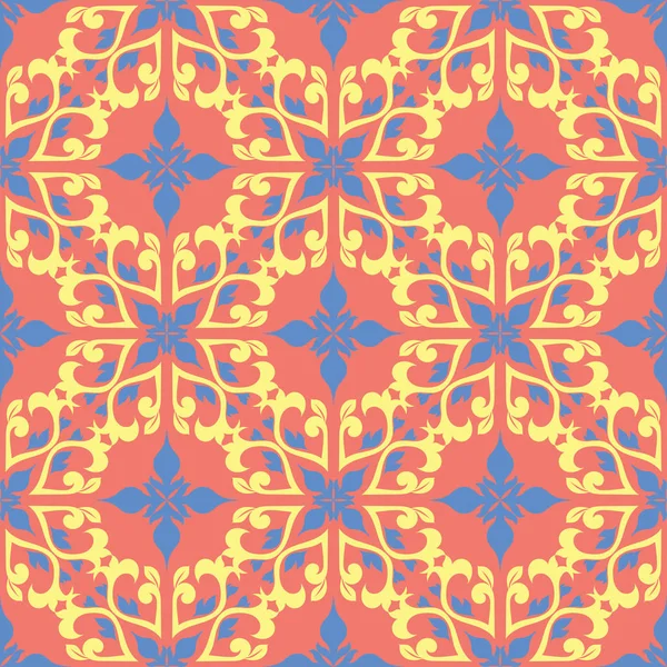 Çiçek tasarım seamless modeli. Duvar kağıtları ve kumaşlar için somon kırmızı zemin üzerine parlak sarı ve mavi çiçek öğeleri