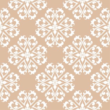 Bej renkli arka plan üzerinde beyaz çiçek süsleme. Tekstil ve duvar kağıtları için seamless modeli