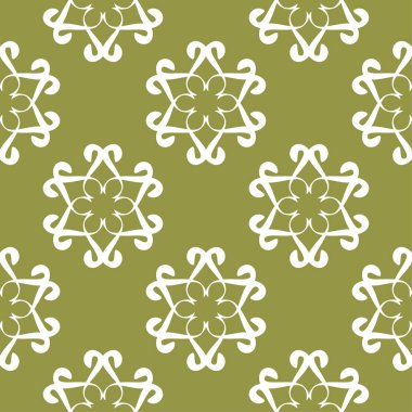 Zeytin yeşil zemin üzerine beyaz çiçek süsleme. Tekstil ve duvar kağıtları için seamless modeli