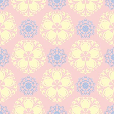 Pembe çiçek seamless modeli ile duvar kağıdı, Tekstil ve kumaş için ışık mavi ve sarı çiçek öğeleri