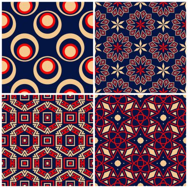 Sorunsuz arka planlar. Mavi klasik bej ve kırmızı duvar kağıtları, Tekstil ve kumaş için geometrik desenlerle ayarlar