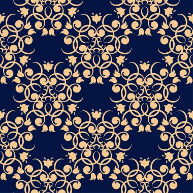 Koyu mavi zemin üzerine altın çiçek tasarım. Tekstil ve duvar kağıtları için seamless modeli