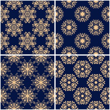 Çiçek desenleri. Altın mavi sorunsuz arka planlar kümesi. Vektör illustraton