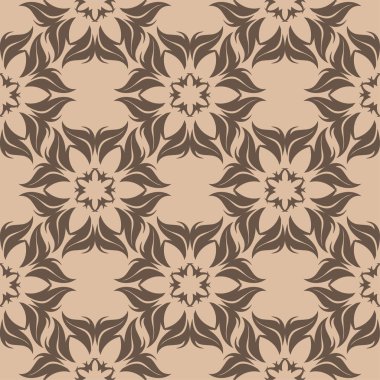 Bej renkli arka plan üzerinde kahverengi çiçek süsleme. Tekstil ve duvar kağıtları için seamless modeli