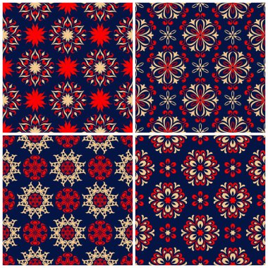 Sorunsuz arka planlar. Duvar kağıtları, Tekstil ve kumaş çiçek desenleri ile mavi klasik bej ve kırmızı belirler